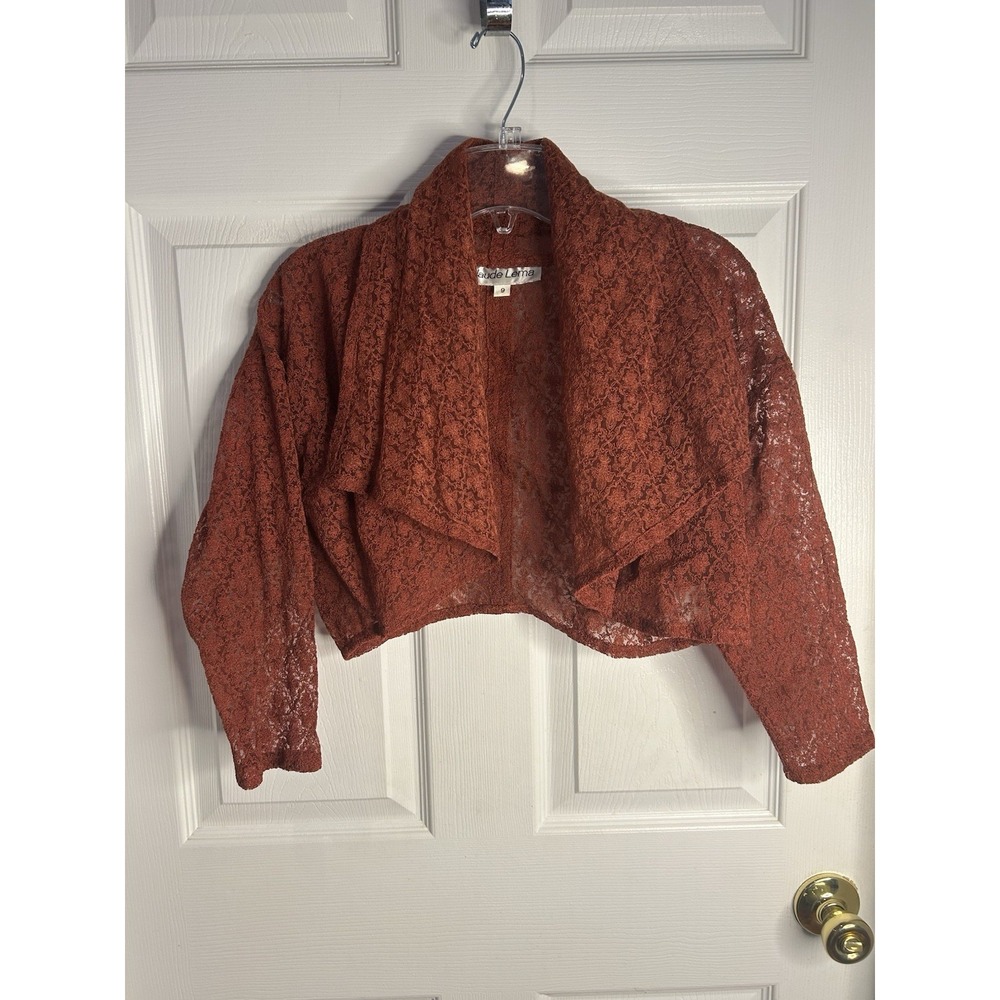 Claude Lema Rust Lace Cropped Bolero Jacket Women Size 9 Fits M 3/4 Sleeve Sheer